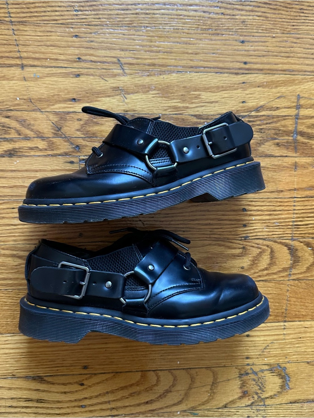 Dr. Martens Black Leather Cut-Out Buckle Loafers with Yellow Stitching